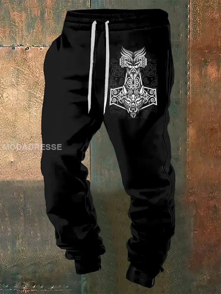 Mäns Viking Skull tryckta dragsnöre Sportbyxor svart / S