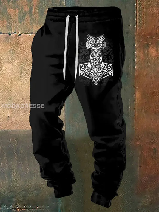 Mäns Viking Skull tryckta dragsnöre Sportbyxor svart / S