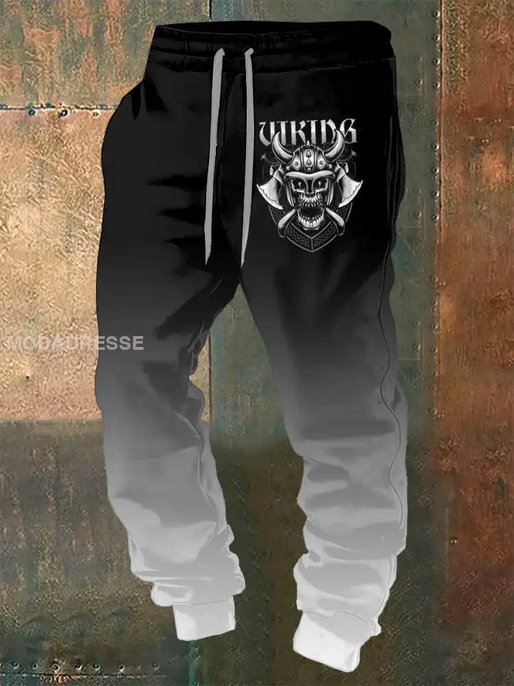 Mäns Viking Skull tryckta dragsnöre Sportbyxor svart / S