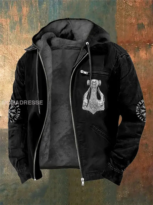 Mäns Viking Skull Tryckta långärmade huvade jacka svart / S