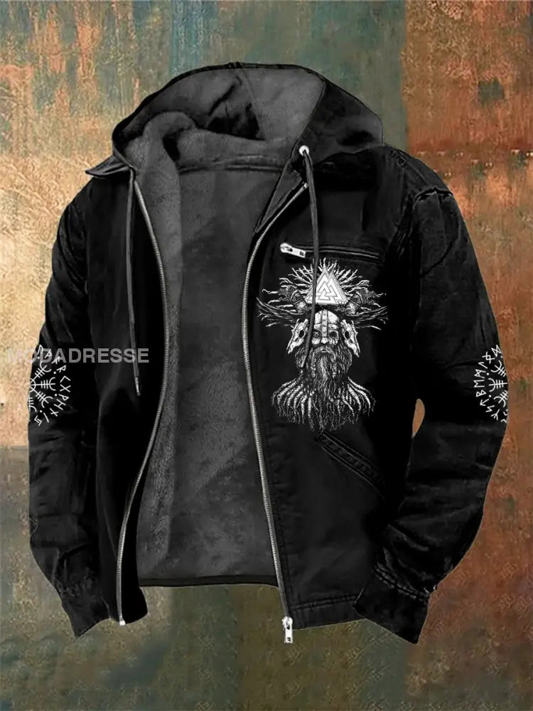 Mäns Viking Skull Tryckta långärmade huvade jacka svart / S