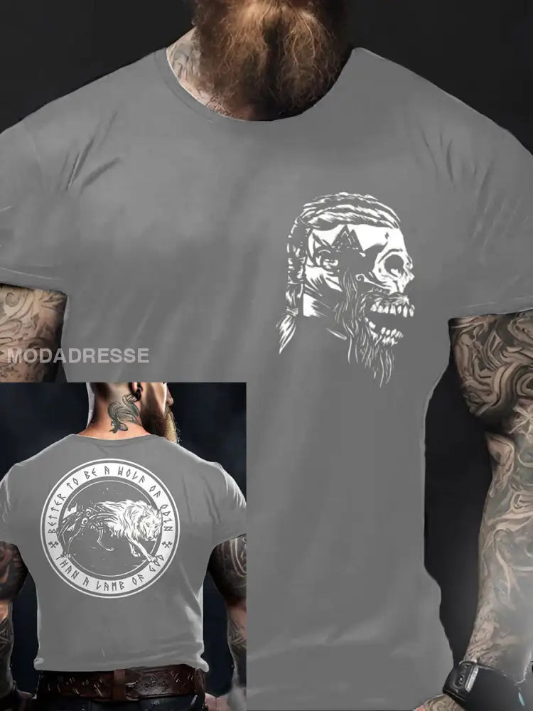 Mäns viking stil Odin &Wolf tryckt T- skjorta ljusgrå / S