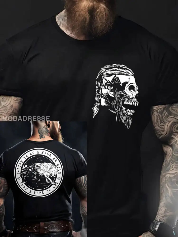 Mäns viking stil Odin &Wolf tryckt T- skjorta svart / S