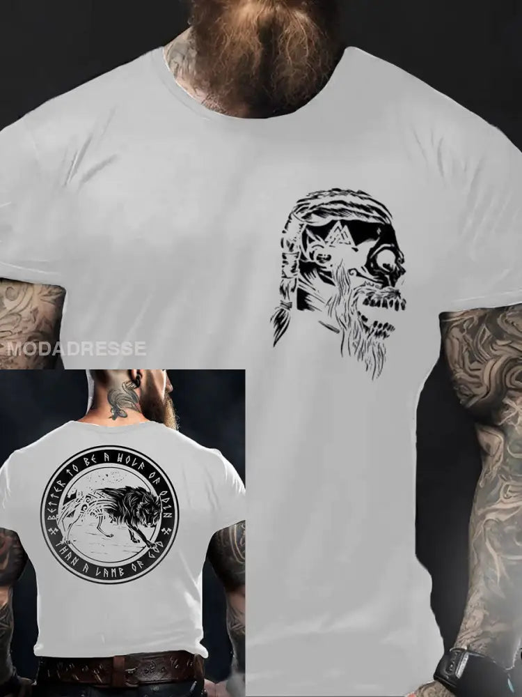 Mäns viking stil Odin &Wolf tryckt T- skjorta vit / S