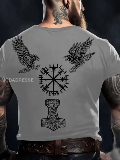 Mäns Viking Style Odin Ravens &Vegvisir Tryckt T-shirt ljusgrå / S