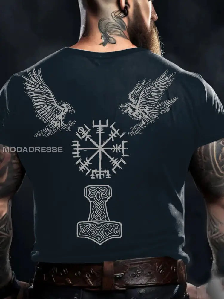 Mäns Viking Style Odin Ravens &Vegvisir Tryckt T-shirt marinblå färg / S