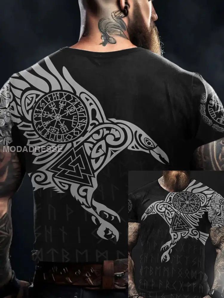 Mäns Viking Style Odin Ravens &Vegvisir Tryckt T-shirt svart / S