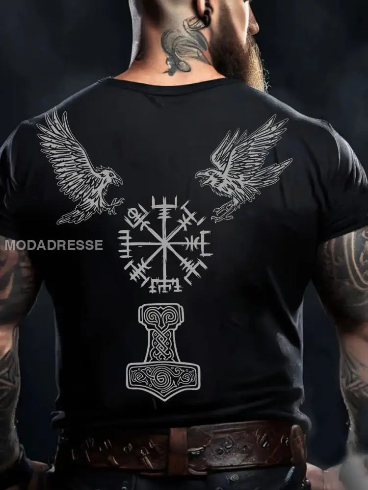 Mäns Viking Style Odin Ravens &Vegvisir Tryckt T-shirt svart / S