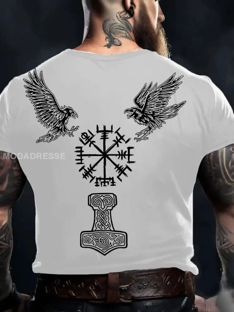 Mäns Viking Style Odin Ravens &Vegvisir Tryckt T-shirt vit / S