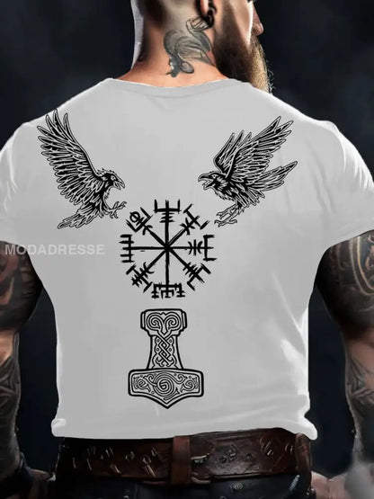 Mäns Viking Style Odin Ravens &Vegvisir Tryckt T-shirt vit / S