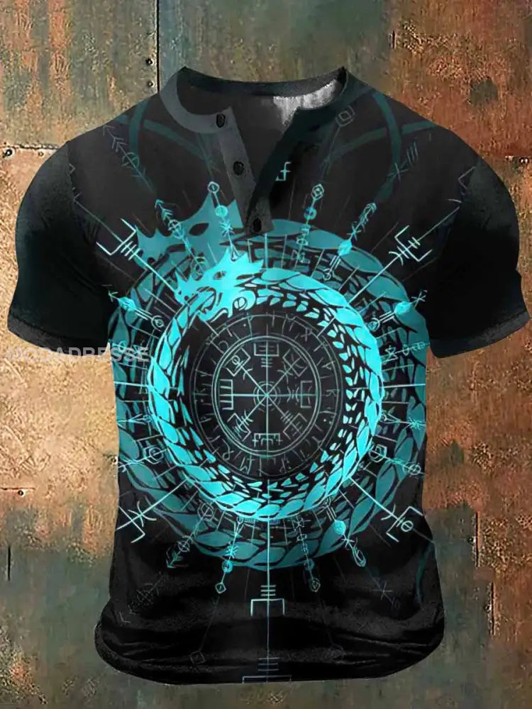 Mäns Viking Style Print konst kort ärm henley hals T-shirt S