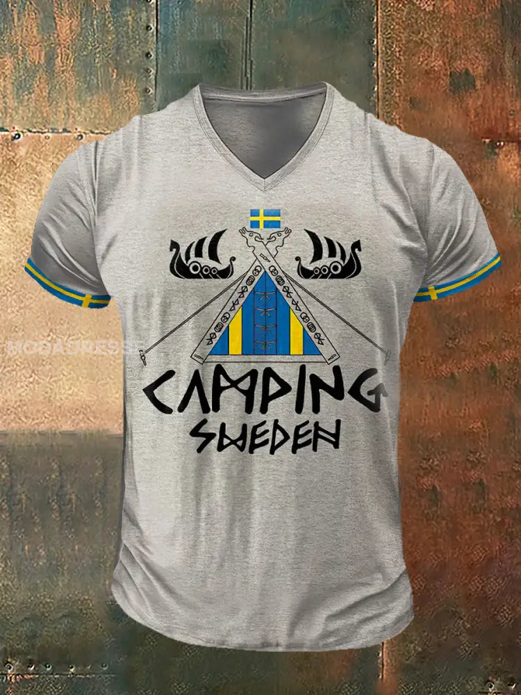 Mäns Viking Sverige Tryckt Vintage Mode Kort ärm V-hals T-shirt S