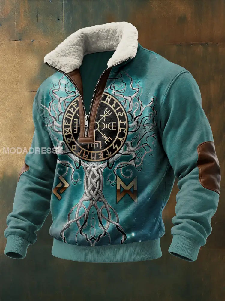 Mäns viking träd av livet tryckt lång ärm Stand up krage Lambhair blixtlås Topp blå / S