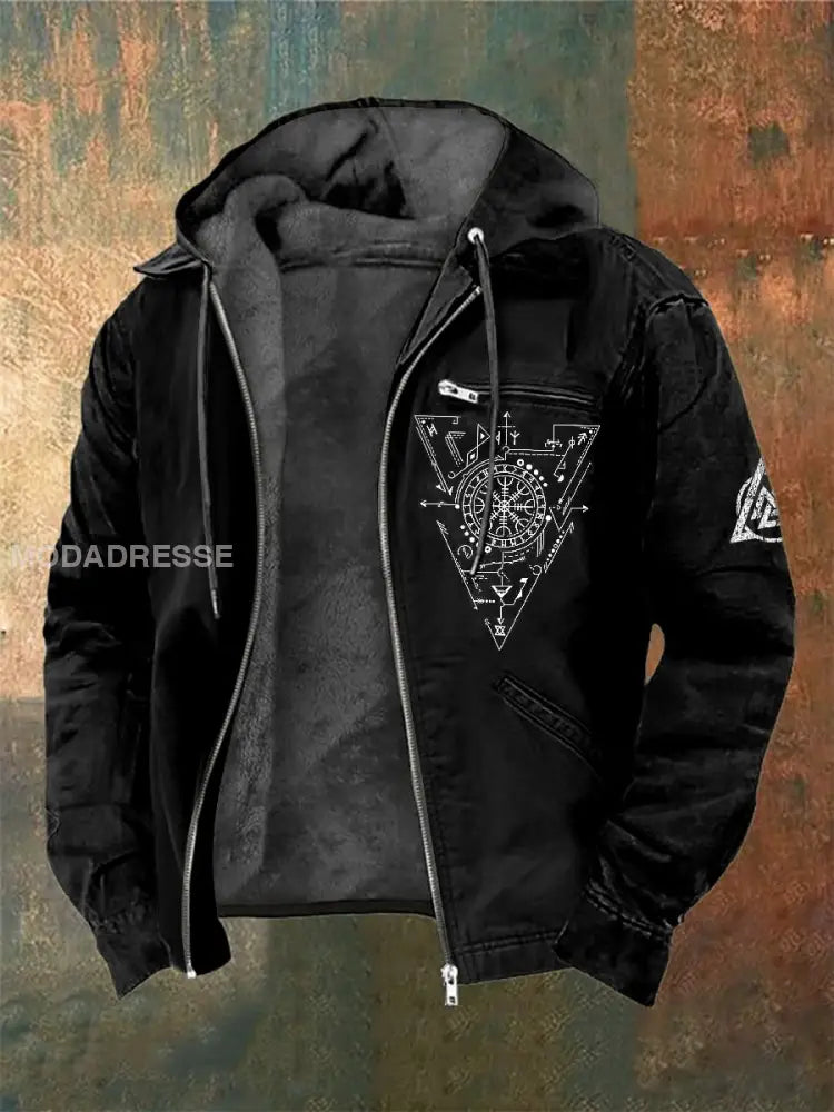 Mäns viking triangel Tryckt lång ärm huvad jacka svart / S