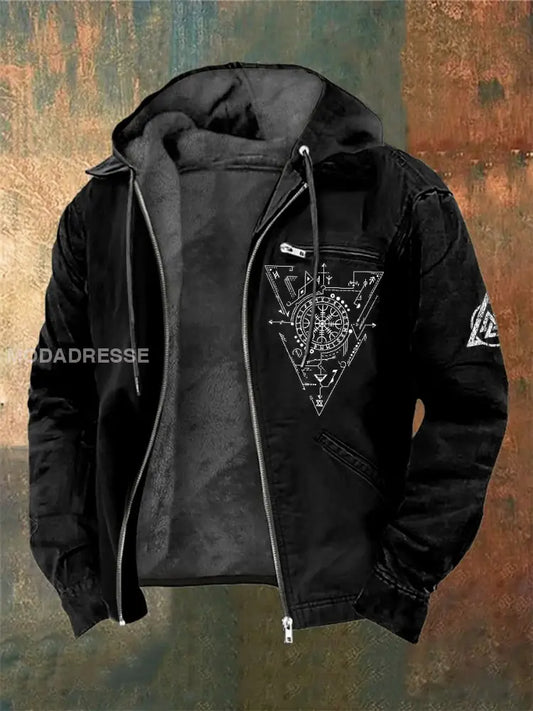 Mäns viking triangel Tryckt lång ärm huvad jacka svart / S