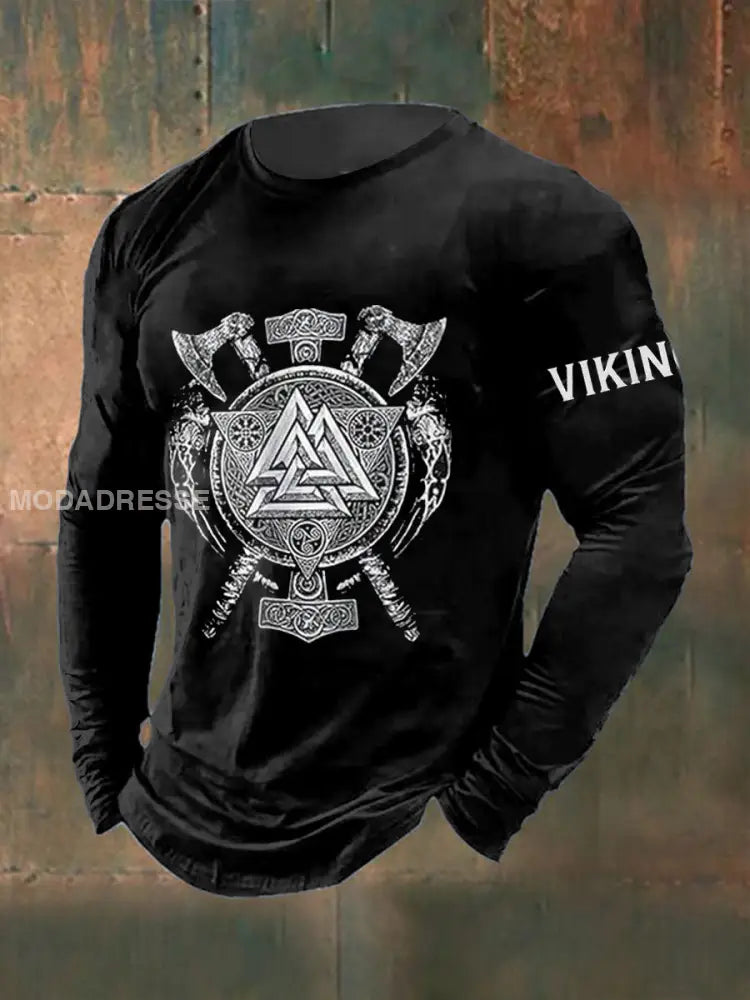 Mäns Viking triangel Tryckt lång ärm rund hals T-shirt svart / S