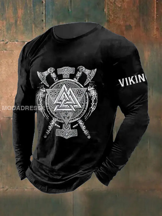 Mäns Viking triangel Tryckt lång ärm rund hals T-shirt svart / S