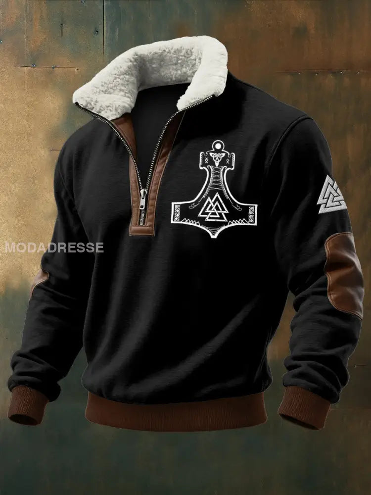 Mäns viking triangel Tryckt lång ärm Stand up krage Lambhair blixtlås topp svart / S