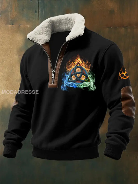 Mäns viking triangel Tryckt lång ärm Stand up krage Lambhair blixtlås topp svart / S