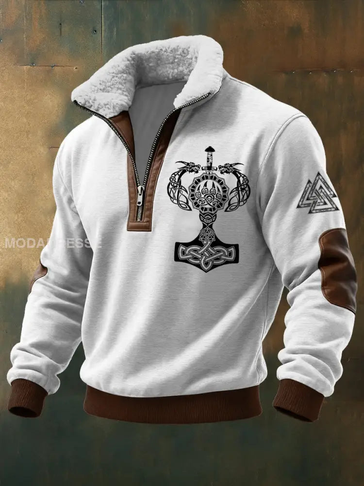 Mäns viking triangel Tryckt lång ärm Stand up krage Lambhair blixtlås topp vitt / S