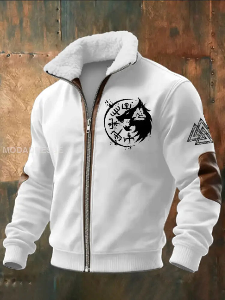 Mäns viking triangel Tryckt lång ärm Stand up krage Lambhair blixtlås topp vitt / S