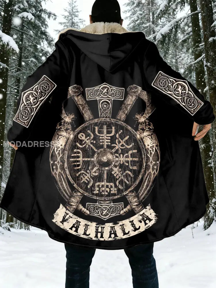 Mäns viking tryckt huvad lång rocka svart / S