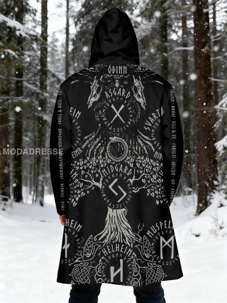 Mäns viking tryckt huvad lång rocka svart / S