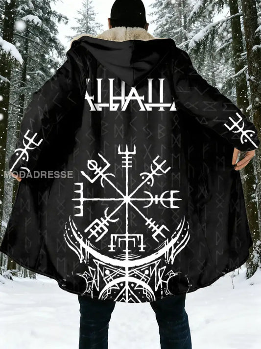 Mäns viking tryckt huvad lång rocka svart / S