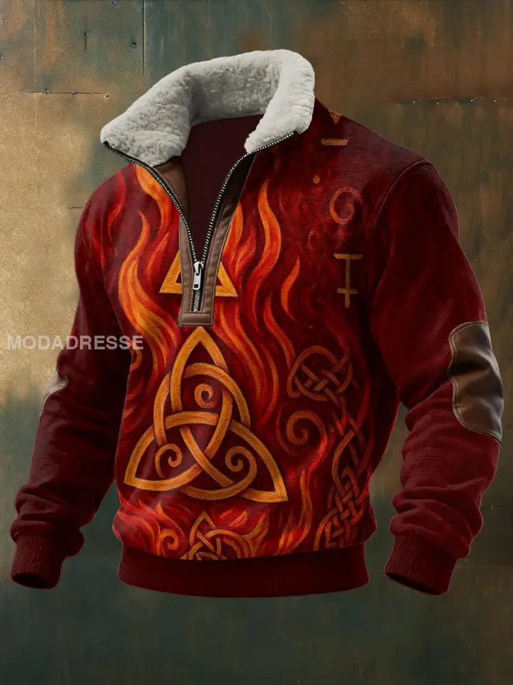 Mäns viking tryckt lång ärm Stand up krage Lambhair blixtlås topp röd / S