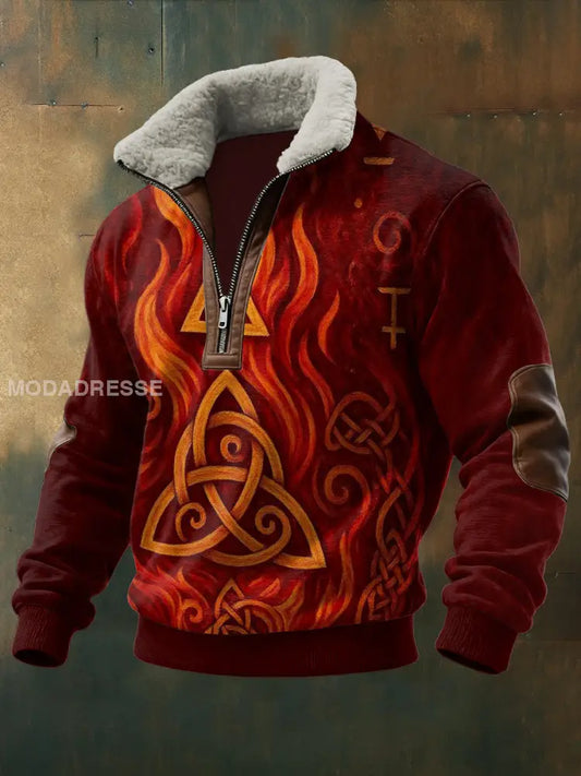 Mäns viking tryckt lång ärm Stand up krage Lambhair blixtlås topp röd / S