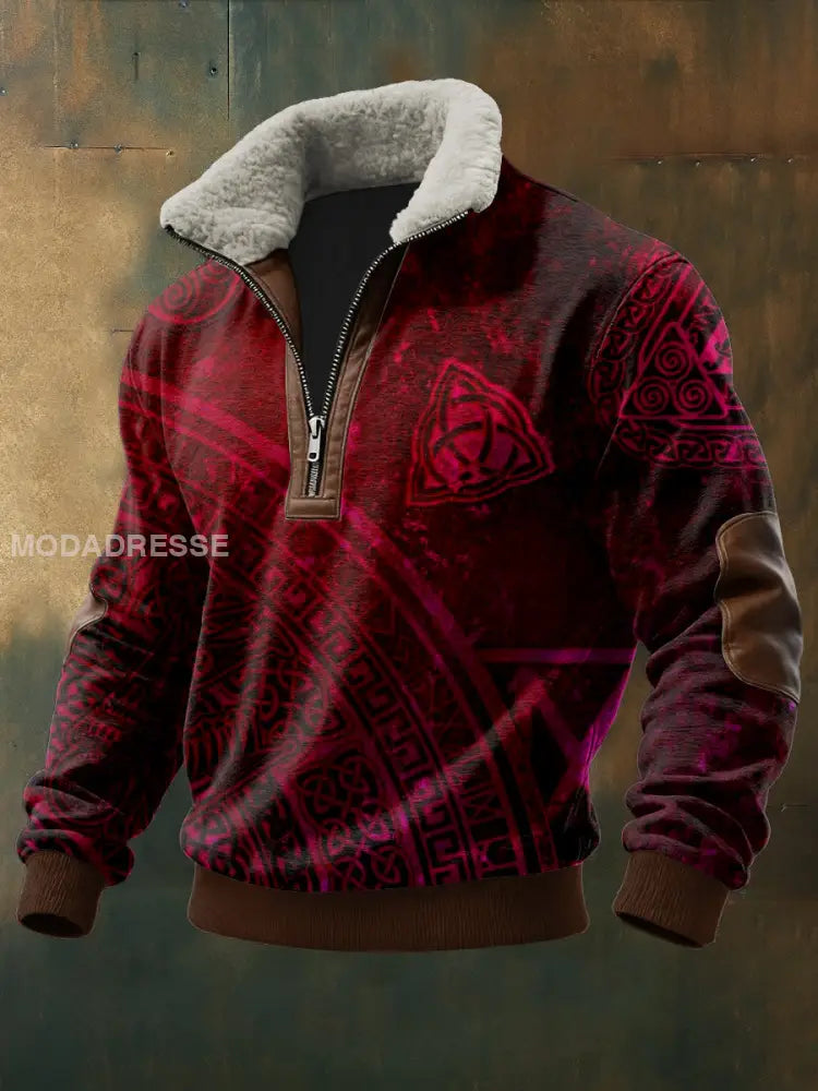 Mäns viking tryckt lång ärm Stand up krage Lambhair blixtlås topp röd / S