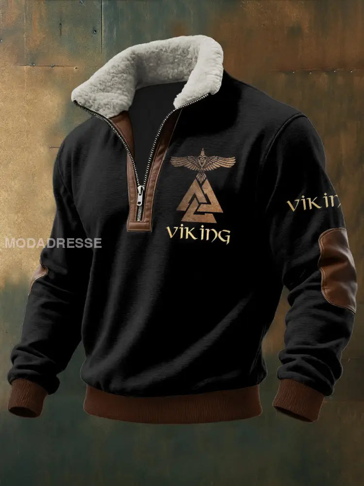 Mäns viking tryckt lång ärm Stand up krage Lambhair blixtlås topp svart / S