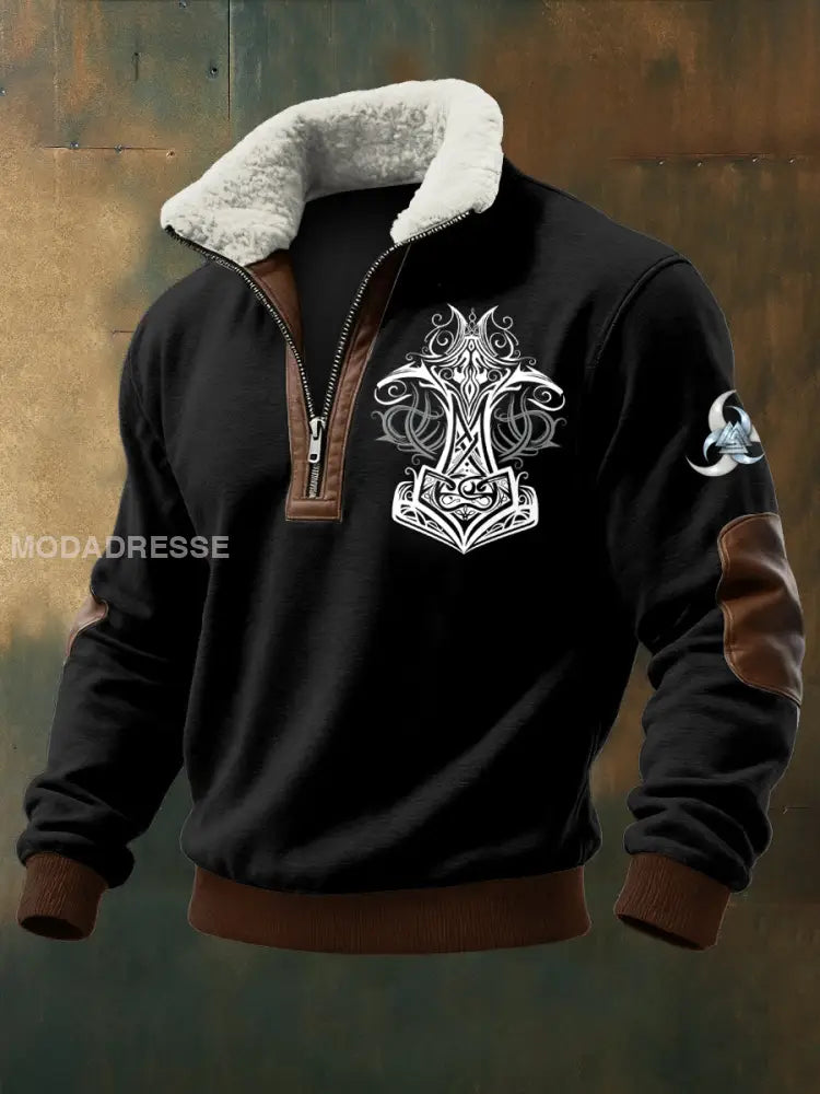 Mäns viking tryckt lång ärm Stand up krage Lambhair blixtlås topp svart / S