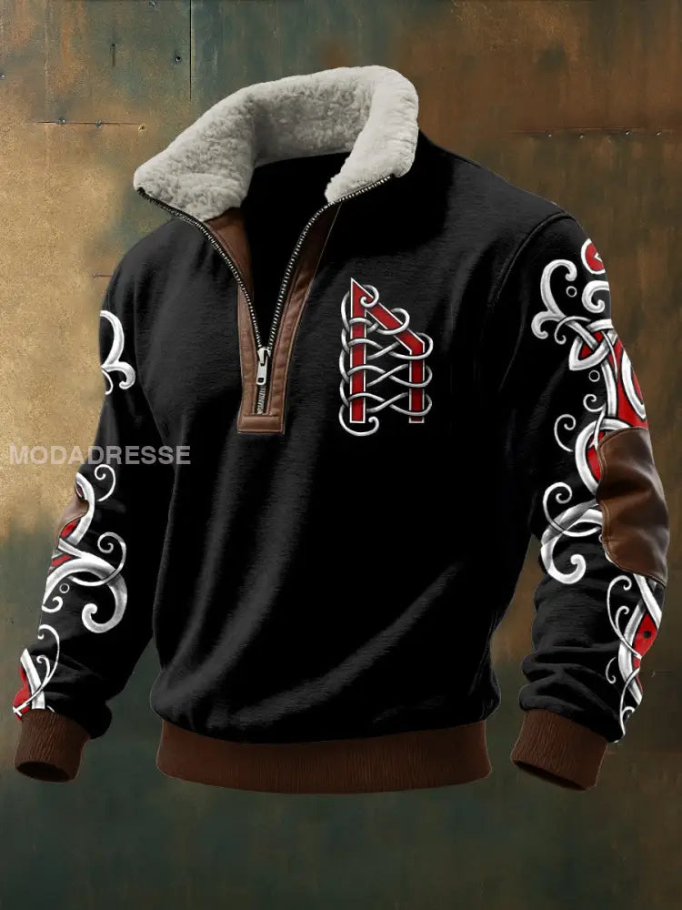 Mäns viking tryckt lång ärm Stand up krage Lambhair blixtlås topp svart / S