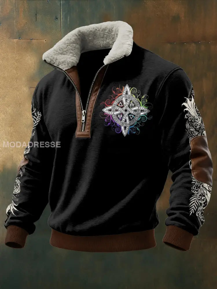 Mäns viking tryckt lång ärm Stand up krage Lambhair blixtlås topp svart / S