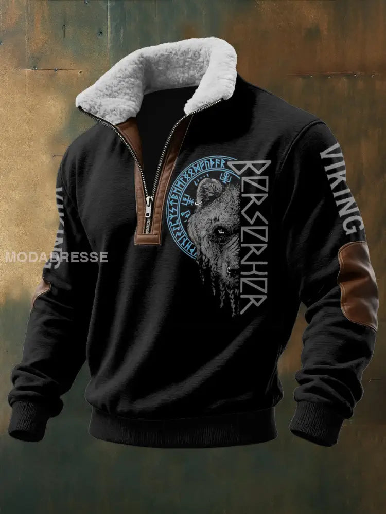 Mäns viking tryckt lång ärm Stand up krage Lambhair blixtlås topp svart / S