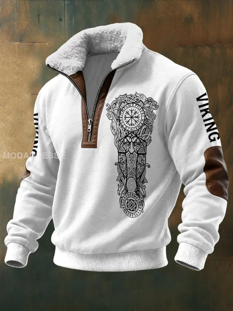 Mäns viking tryckt lång ärm Stand up krage Lambhair blixtlås topp vitt / S