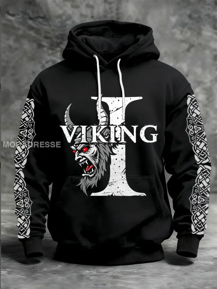 Mäns viking tryckt långärm med huvad svart / S