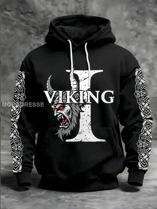 Mäns viking tryckt långärm med huvad svart / S