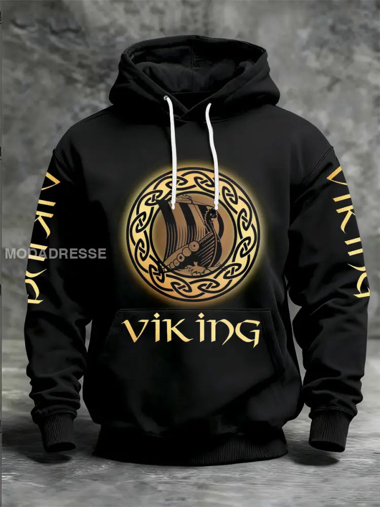 Mäns viking tryckt långärm med huvad svart / S