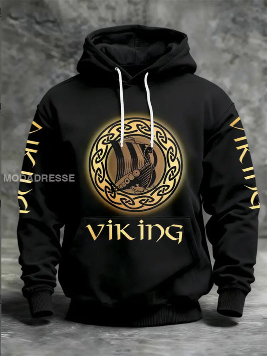 Mäns viking tryckt långärm med huvad svart / S