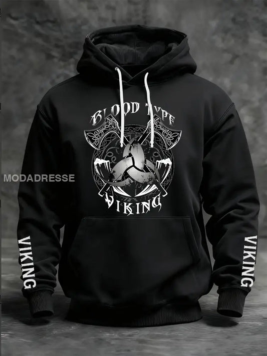 Mäns viking tryckt långärm med huvad svart / S