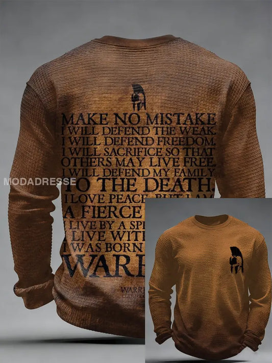 Mäns viking tryckt våffle lång ärm rund hals tröjar brun / S