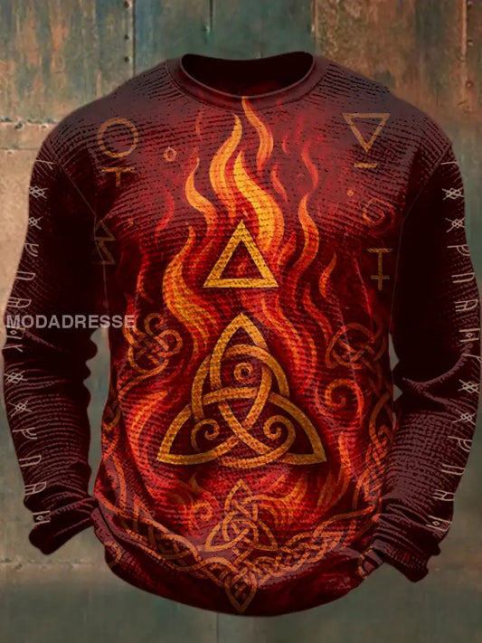 Mäns viking tryckt våffle lång ärm rund hals tröjar röd / S