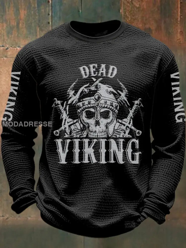 Mäns viking tryckt våffle lång ärm rund hals tröjar svart / S