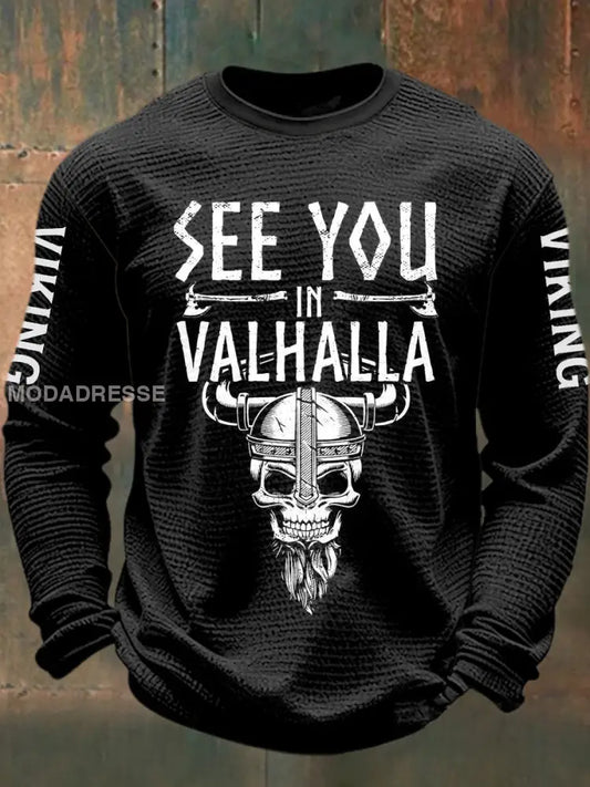 Mäns viking tryckt våffle lång ärm rund hals tröjar svart / S