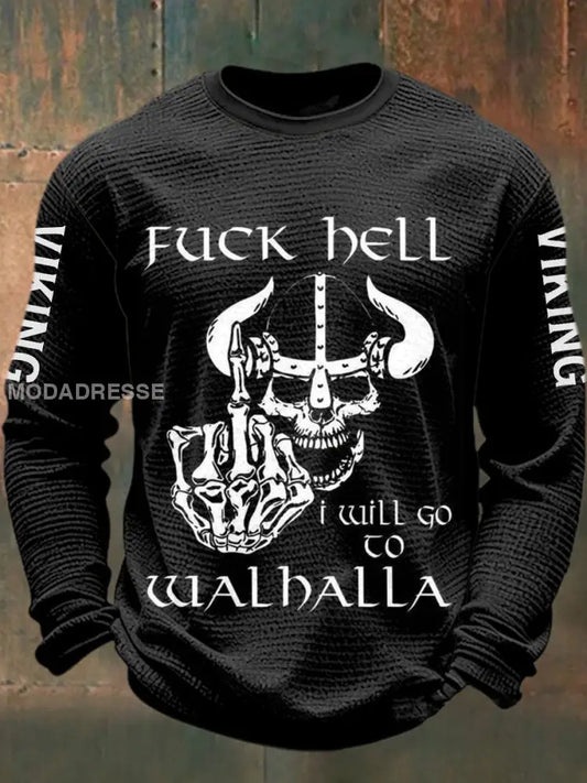 Mäns viking tryckt våffle lång ärm rund hals tröjar svart / S