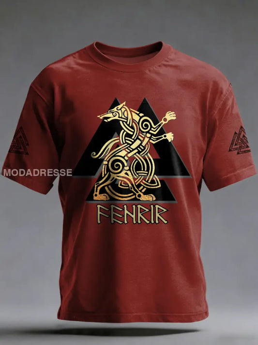 Mäns viking tryckt Vintage Fashion Loose kort ärm T-shirt djupröd / S
