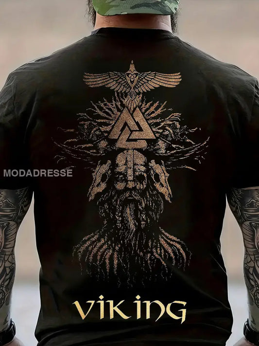 Mäns viking tryckt Vintage Fashion Loose kort ärm T-shirt svart / S