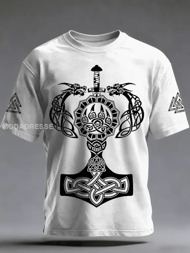 Mäns viking tryckt Vintage Fashion Loose kort ärm T-shirt vitt / S